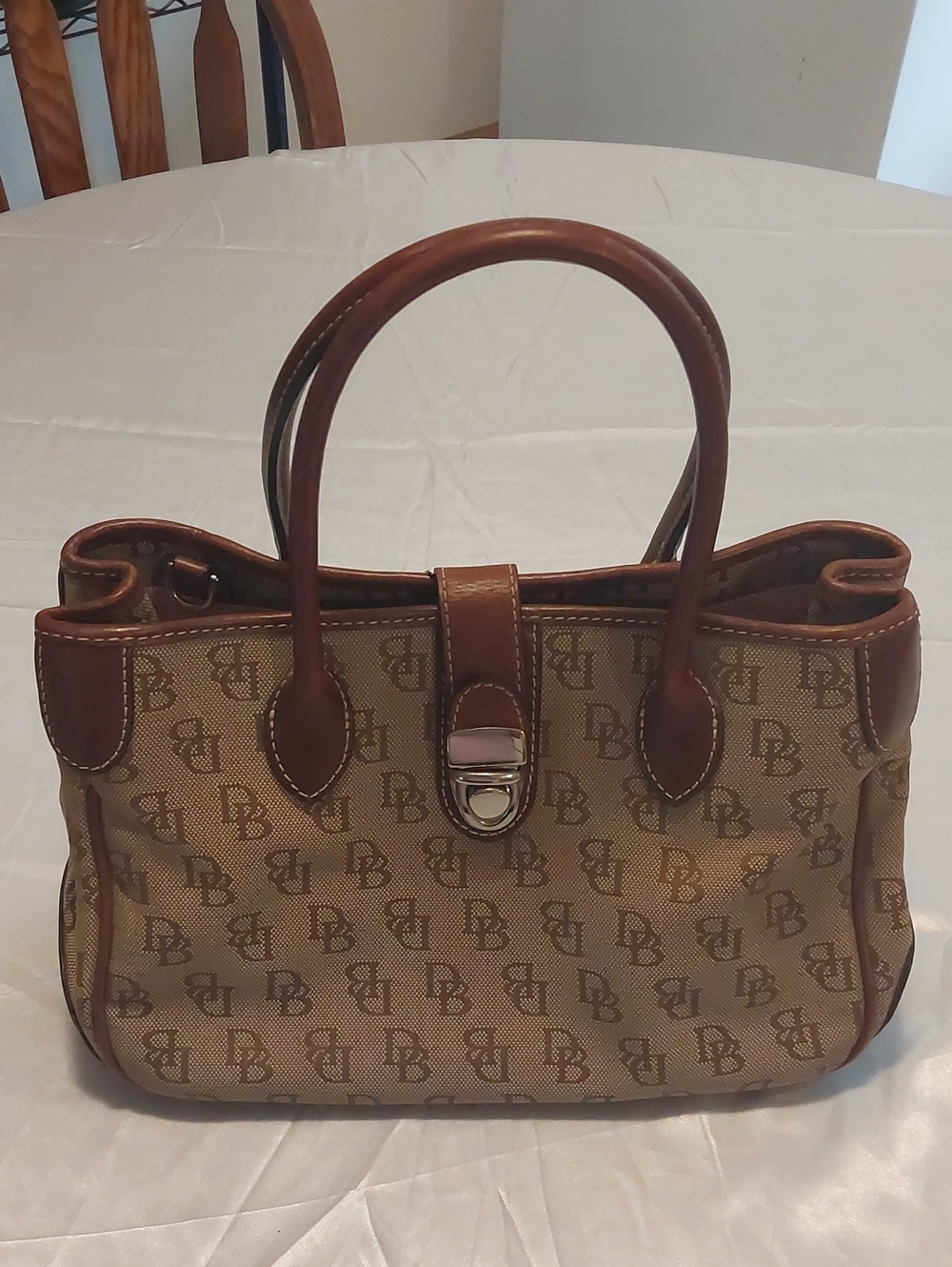 Dooney & Bourke Logo Pattern Brown Canvas Tote with Leather Trim